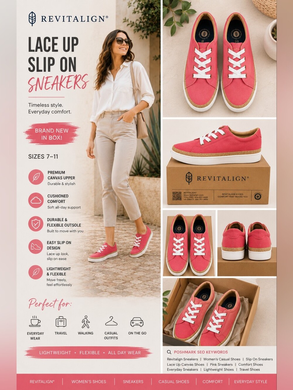Revitalign Pink Canvas Lace Up Slip On Comfort Sneakers NIB Womens Sizes 7-11